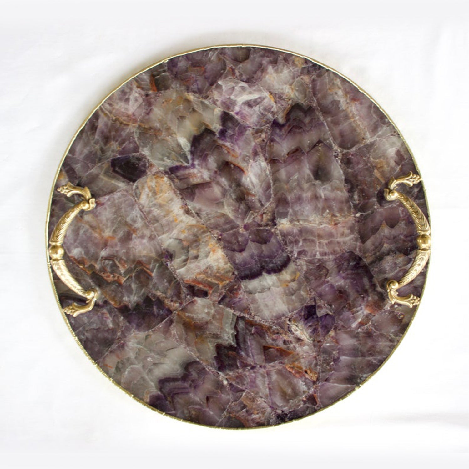 Amethyst Agate Serving Tray With Brass Handles | Circular